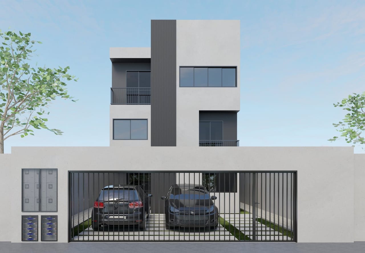 Fachada da Residência Contemporânea com portão, garagem e volume vertical